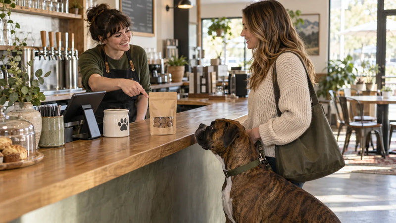 Sealed dog treat pouch displayed at a dog-friendly coffee shop counter beside a brindle boxer