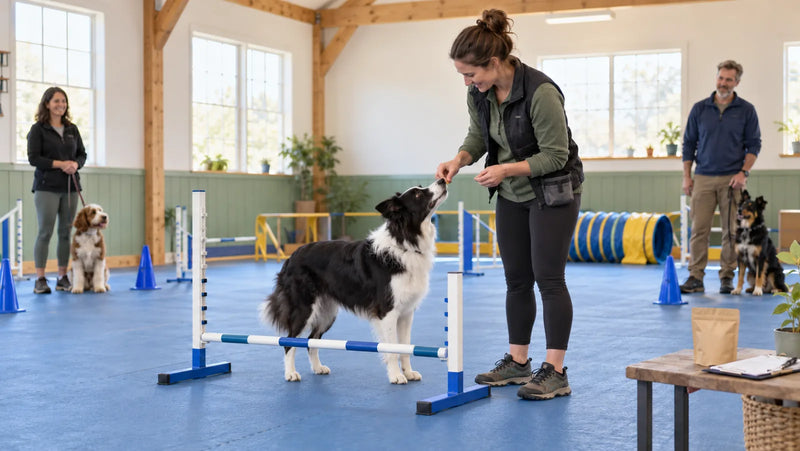 Agility club instructor rewarding a border collie beside a practice jump