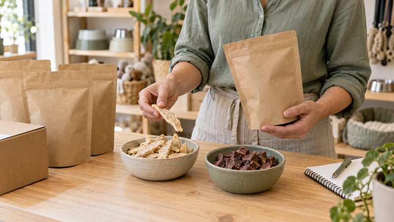 Pet-store buyer inspecting unbranded wholesale freeze-dried dog treats on a retail counter