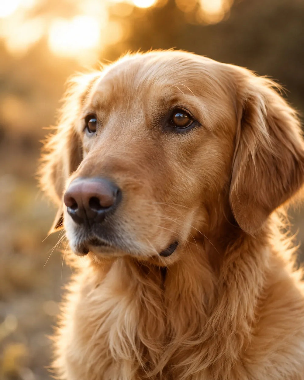 Portrait of a gentle golden retriever in warm golden light