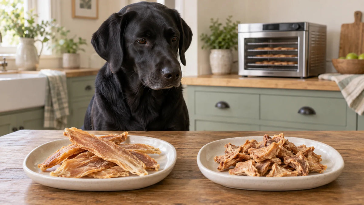 Dog beside trays of whole-cut and smaller dried chicken treats in a bright kitchen