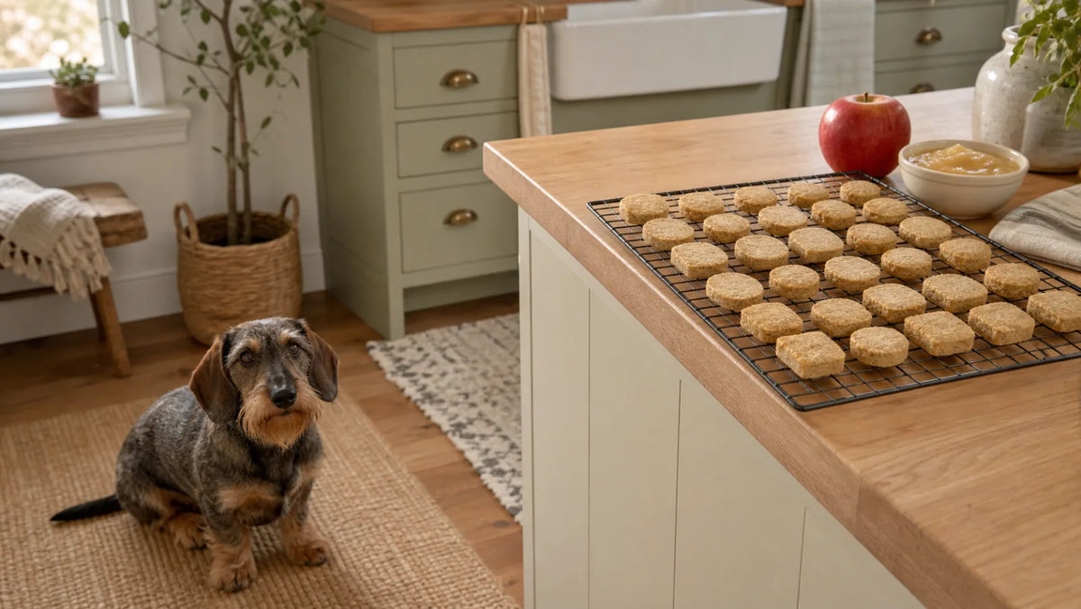 Wirehaired Dachshund waiting while apple-oat dog biscuits cool on a kitchen counter