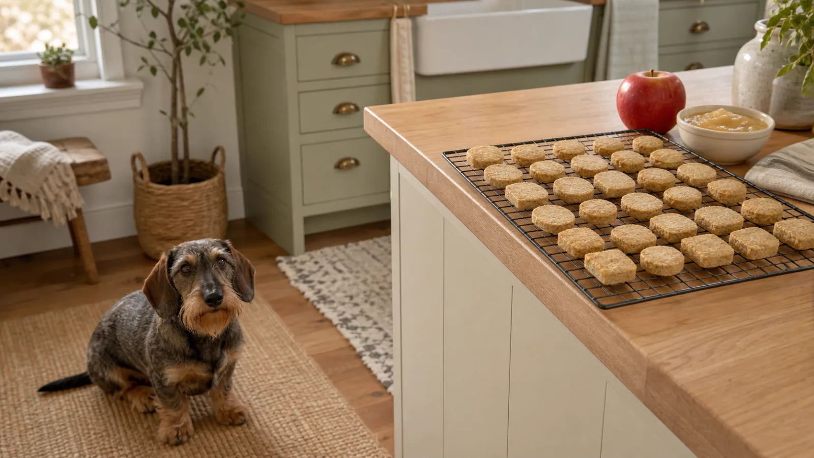 Wirehaired Dachshund waiting while apple-oat dog biscuits cool on a kitchen counter