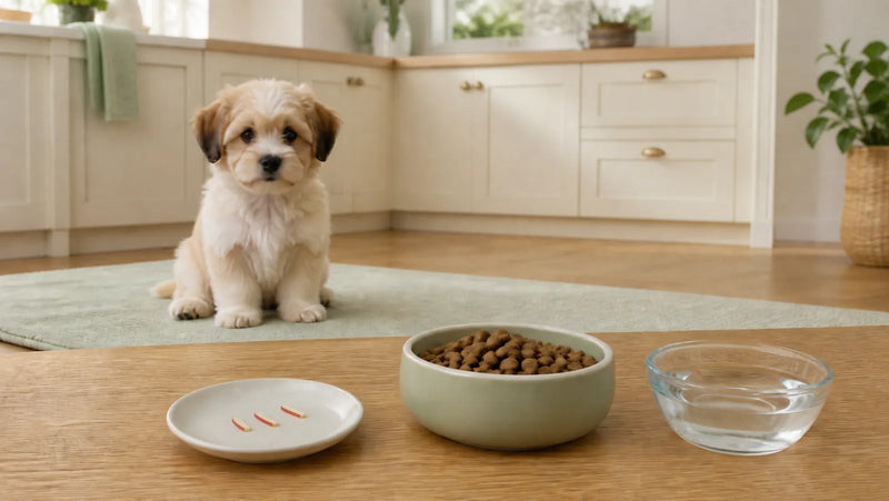 Havanese puppy waiting behind three tiny seedless apple slivers and puppy food