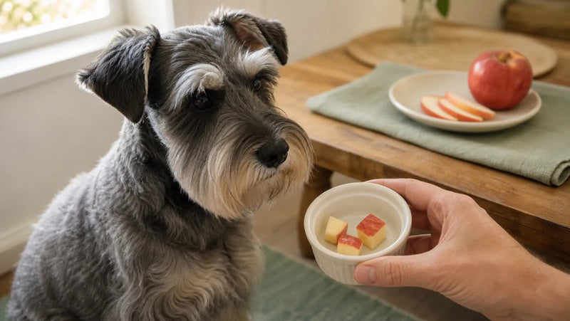 Salt-and-pepper Miniature Schnauzer looking at three small seedless apple pieces