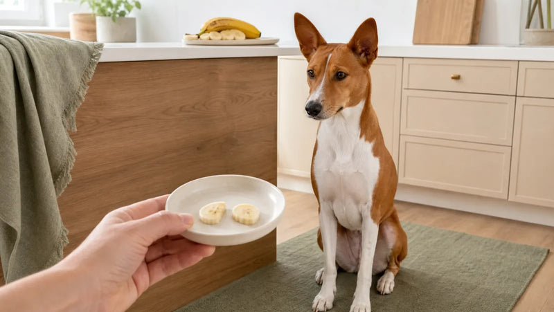 Red-and-white Basenji looking at two small banana slices in a bright kitchen