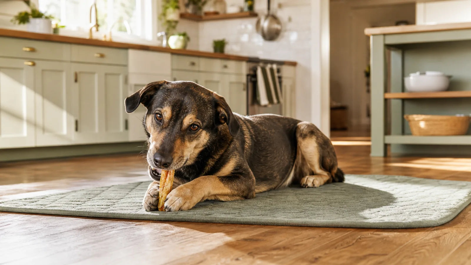 Mixed-breed dog calmly chewing a dehydrated chicken foot on a kitchen mat