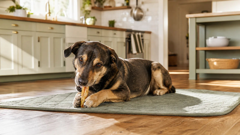 Mixed-breed dog calmly chewing a dehydrated chicken foot on a kitchen mat