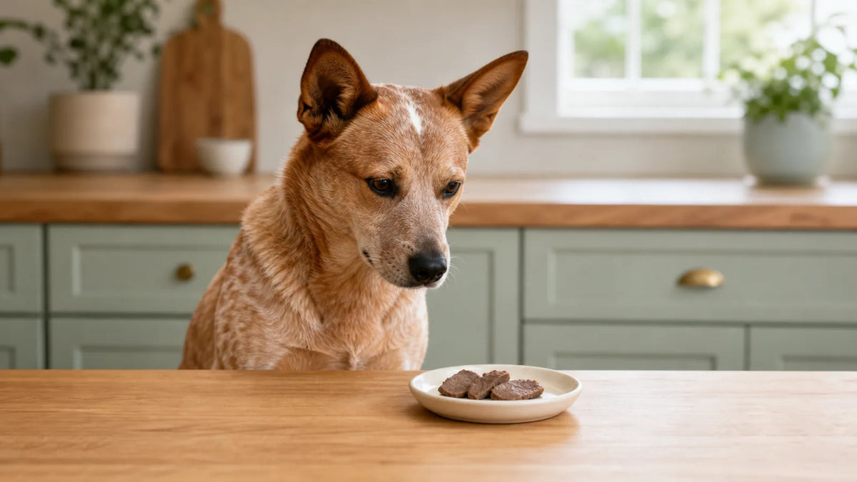 Red Australian cattle dog beside a small dish of plain cooked chicken gizzard