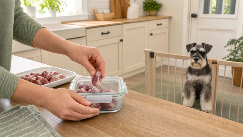 Miniature Schnauzer kept away while raw chicken hearts are sealed for safe handling