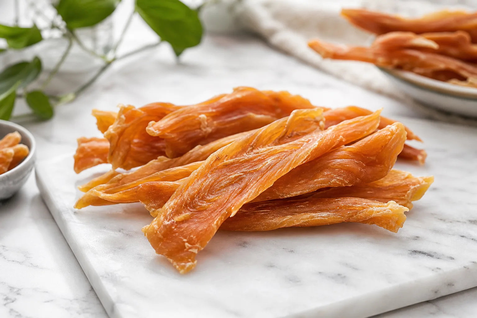 Dehydrated chicken jerky dog treats on a marble board
