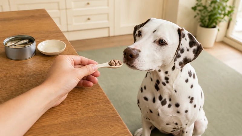 Liver-spotted Dalmatian sniffing a teaspoon of plain sardine flakes