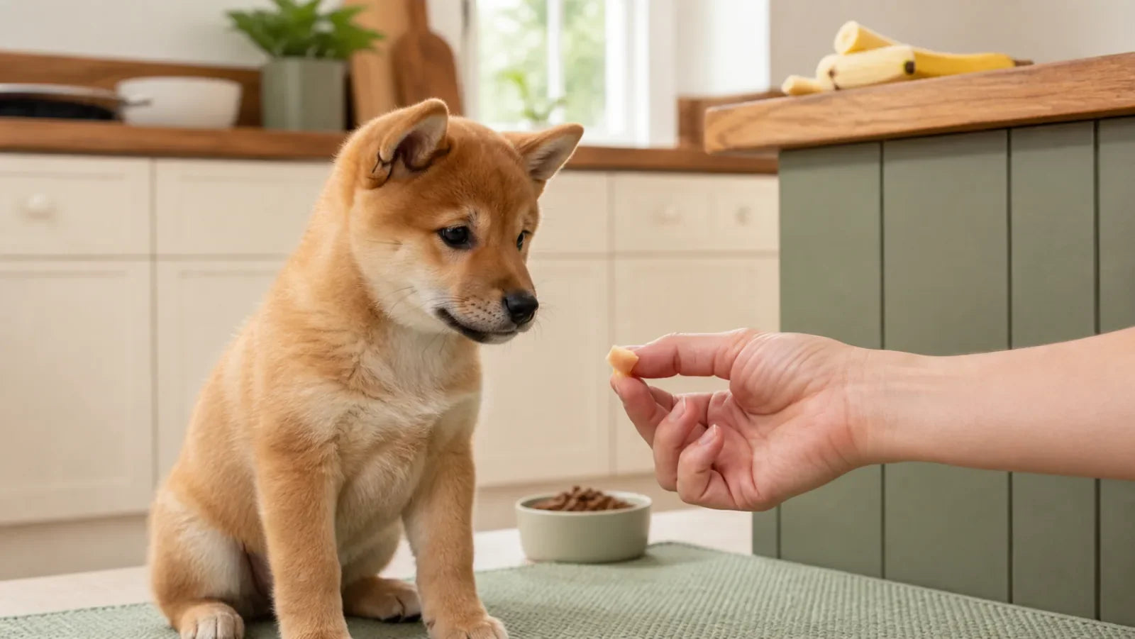 Shiba Inu puppy being offered one tiny piece of peeled banana in a kitchen