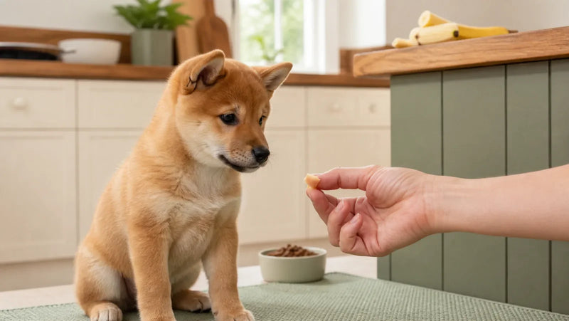 Shiba Inu puppy being offered one tiny piece of peeled banana in a kitchen
