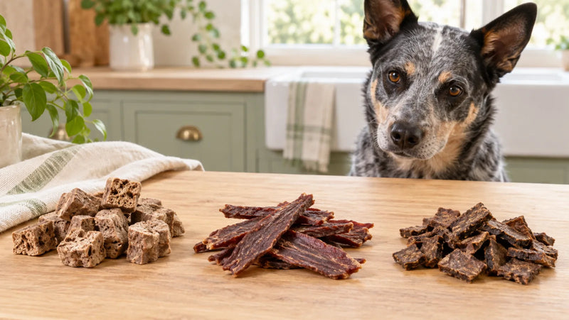 Three beef liver treat formats compared while a dog waits nearby