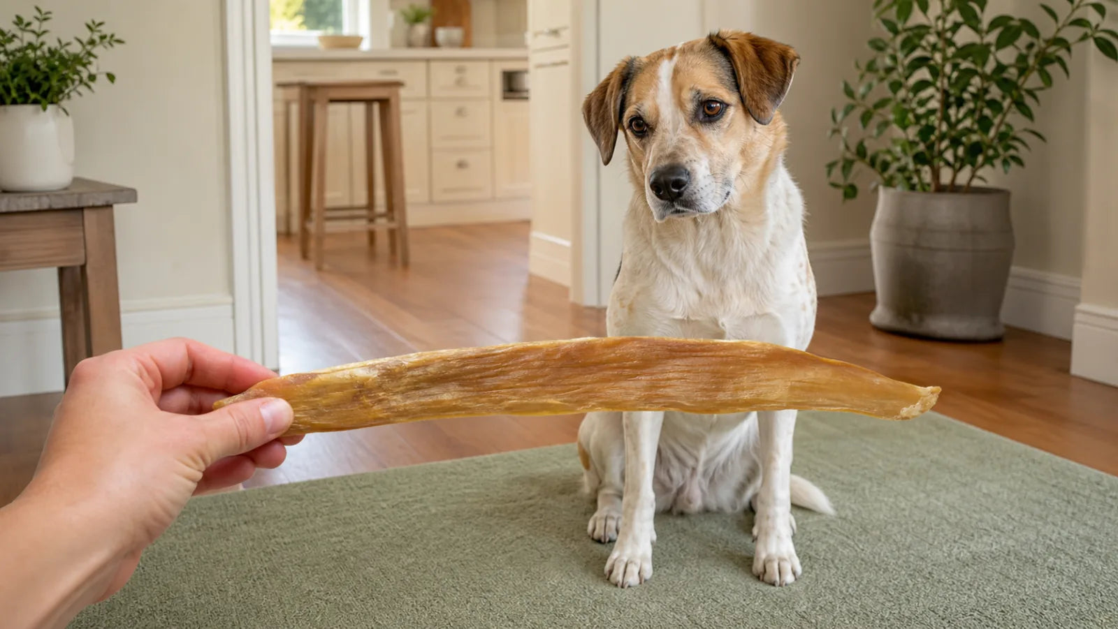 Mixed-breed dog watching as a long beef tendon chew is checked for size