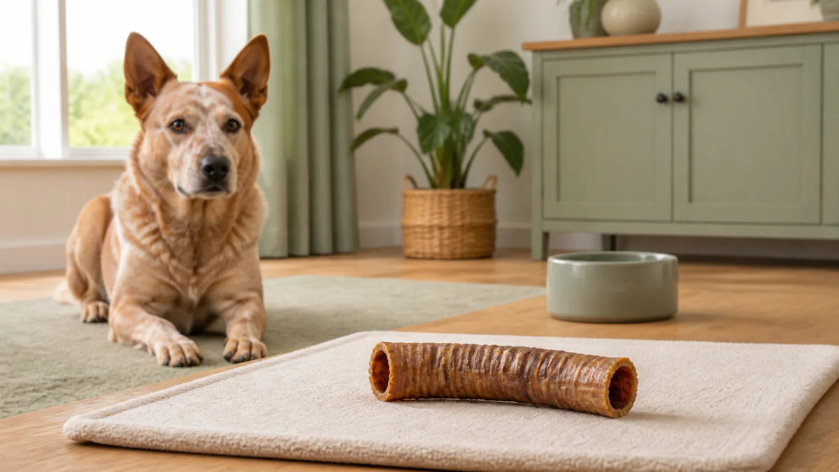 Australian Cattle Dog waiting behind an intact dried beef trachea chew on a washable mat