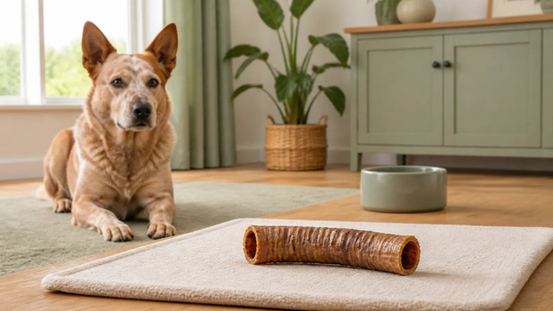 Australian Cattle Dog waiting behind an intact dried beef trachea chew on a washable mat