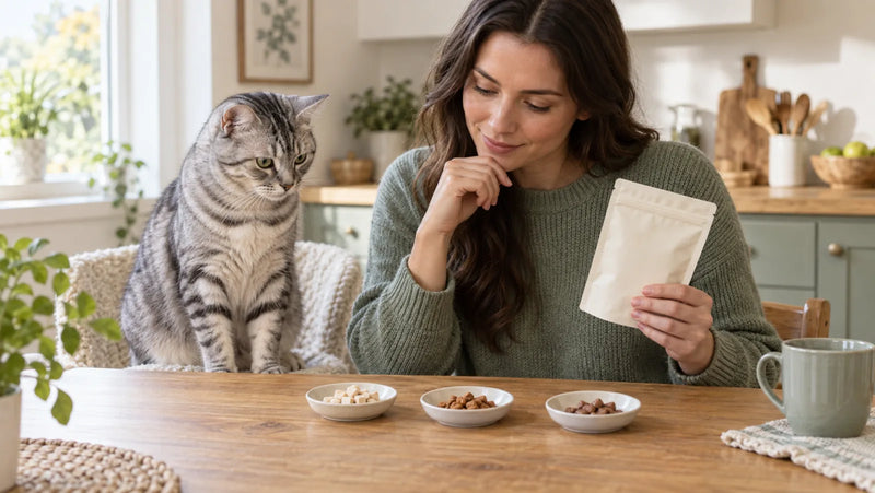 Silver tabby cat beside a caregiver comparing small portions of different cat treats