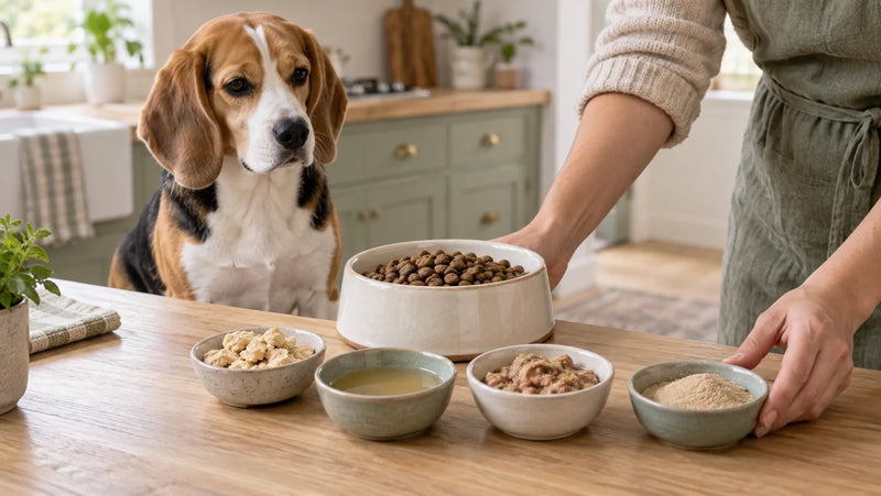 Beagle beside kibble while four dog food topper formats are compared