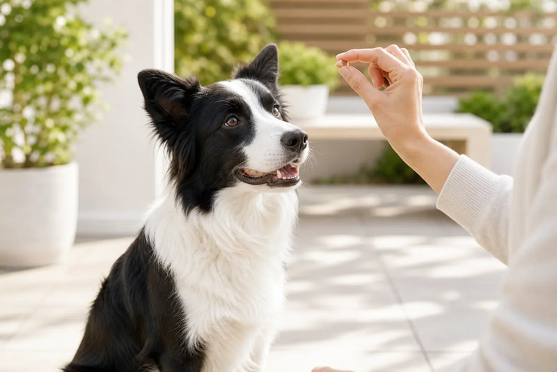A border collie focused on a small training treat held by a handler