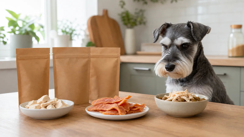 A miniature schnauzer looking at freeze-dried chicken, soft jerky, and chicken-topped kibble on a kitchen counter