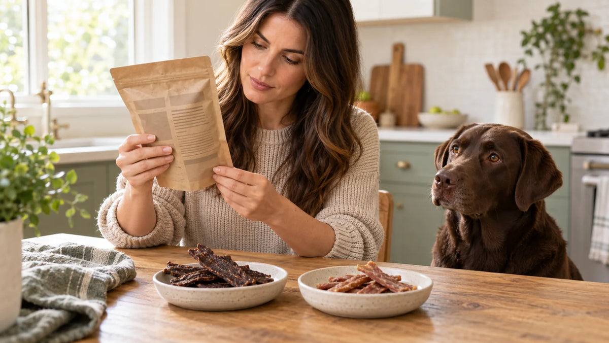 Dog owner inspecting a jerky treat package while a Labrador waits beside the table