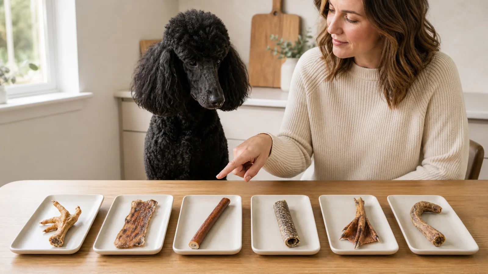 Black Standard Poodle waiting while an owner compares six natural dog chews