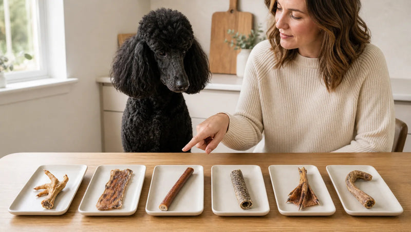 Black Standard Poodle waiting while an owner compares six natural dog chews