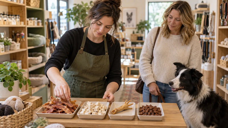Pet-store owner arranging jerky, freeze-dried, chew, and training dog-treat formats