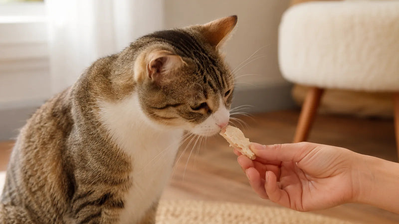 Cat being offered a small freeze-dried chicken treat