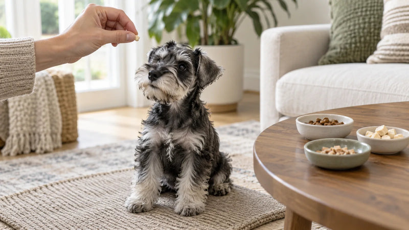 Miniature schnauzer puppy receiving one tiny reward beside measured puppy treat options