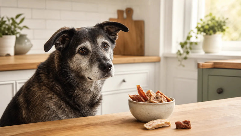Gray-muzzled senior mixed-breed dog beside a bowl of real-meat dog treats in a bright kitchen