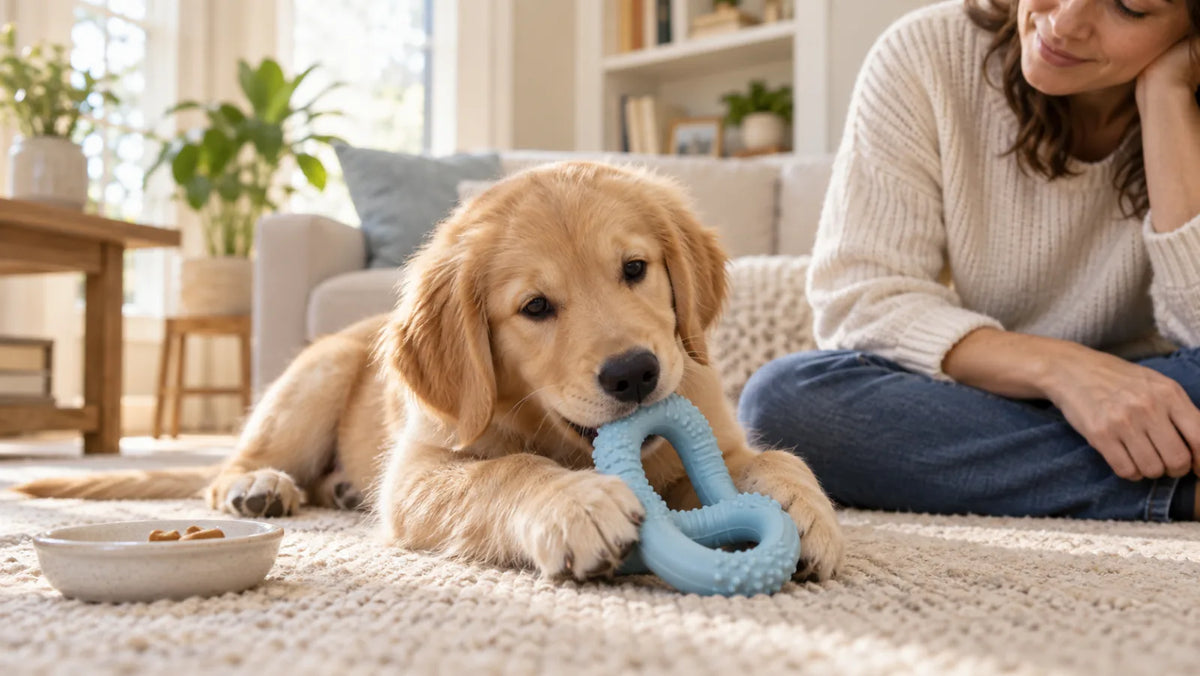Teething puppy calmly mouthing a flexible rubber toy while an owner supervises nearby