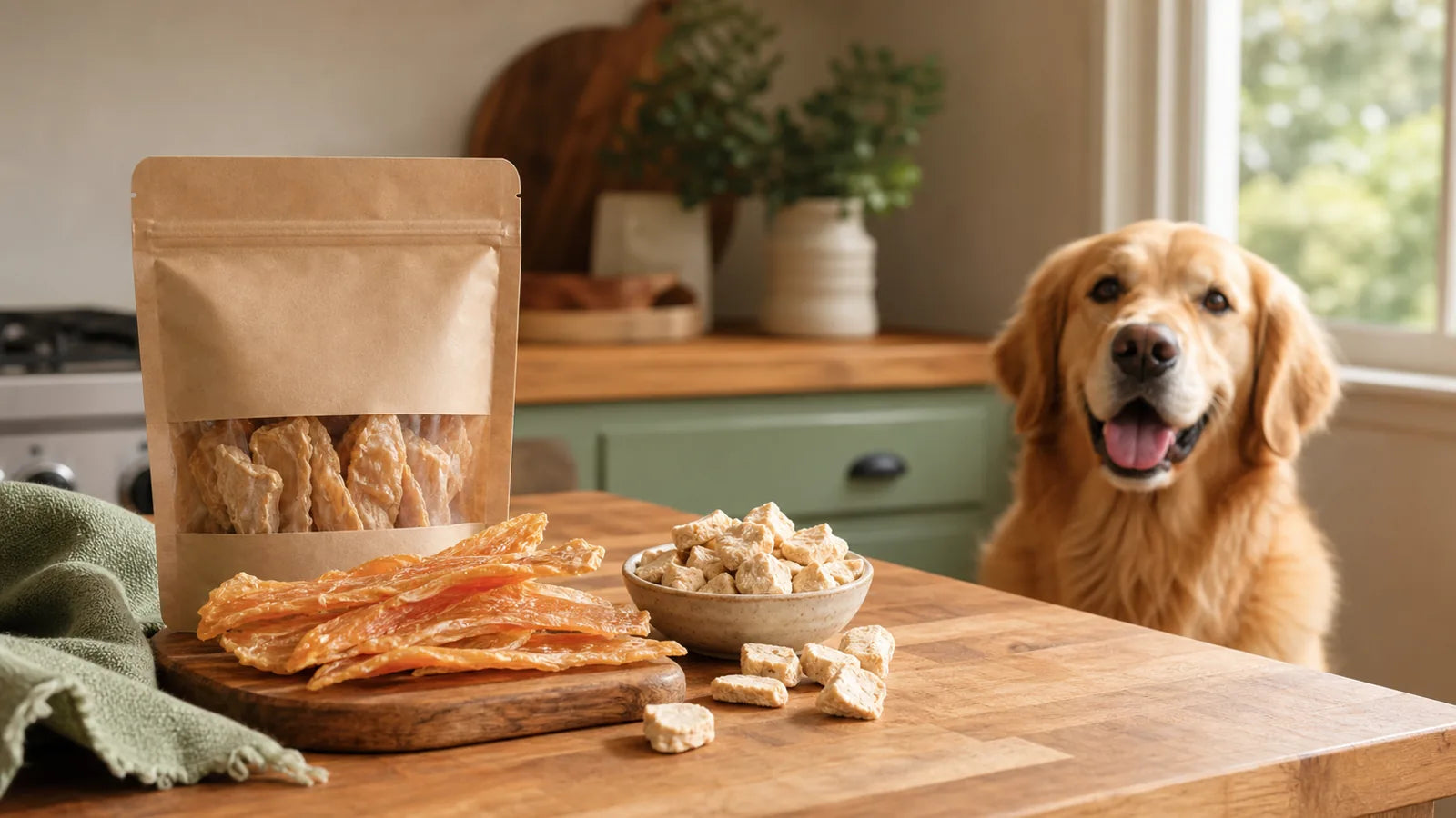 Single-ingredient dog treats with chicken jerky and freeze-dried bites in a warm kitchen