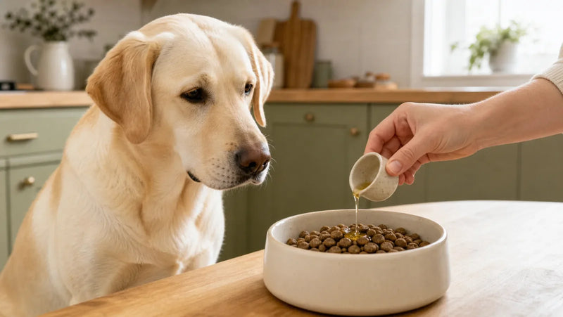 Labrador waiting beside kibble topped with a measured spoonful of plain pork bone broth