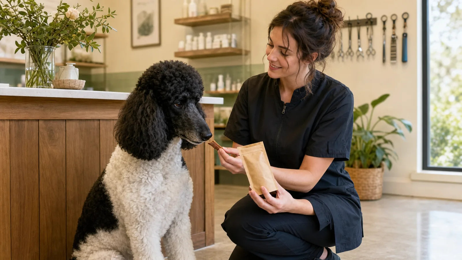 Standard poodle receiving a small jerky treat at a grooming salon counter