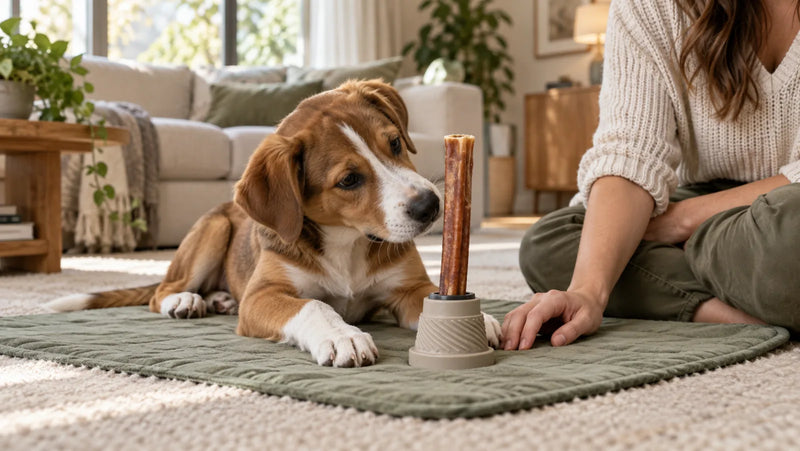 Supervised puppy inspecting a full bully stick secured in a chew holder on a washable mat