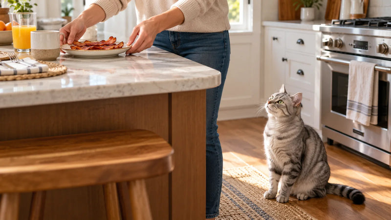 Silver tabby cat safely watching as a person moves a plate of cooked bacon out of reach
