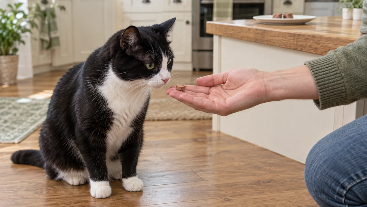 Tuxedo cat offered one tiny piece of plain fully cooked lean beef