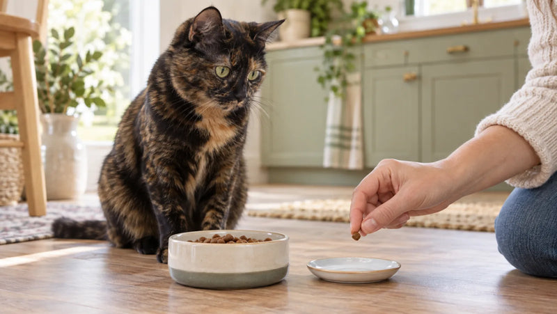 Tortoiseshell cat beside a caregiver offering one tiny beef liver crumb