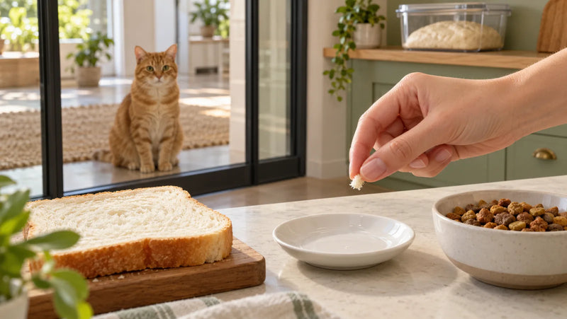 Orange tabby waits away from the counter while a caregiver separates one tiny crumb from plain baked bread