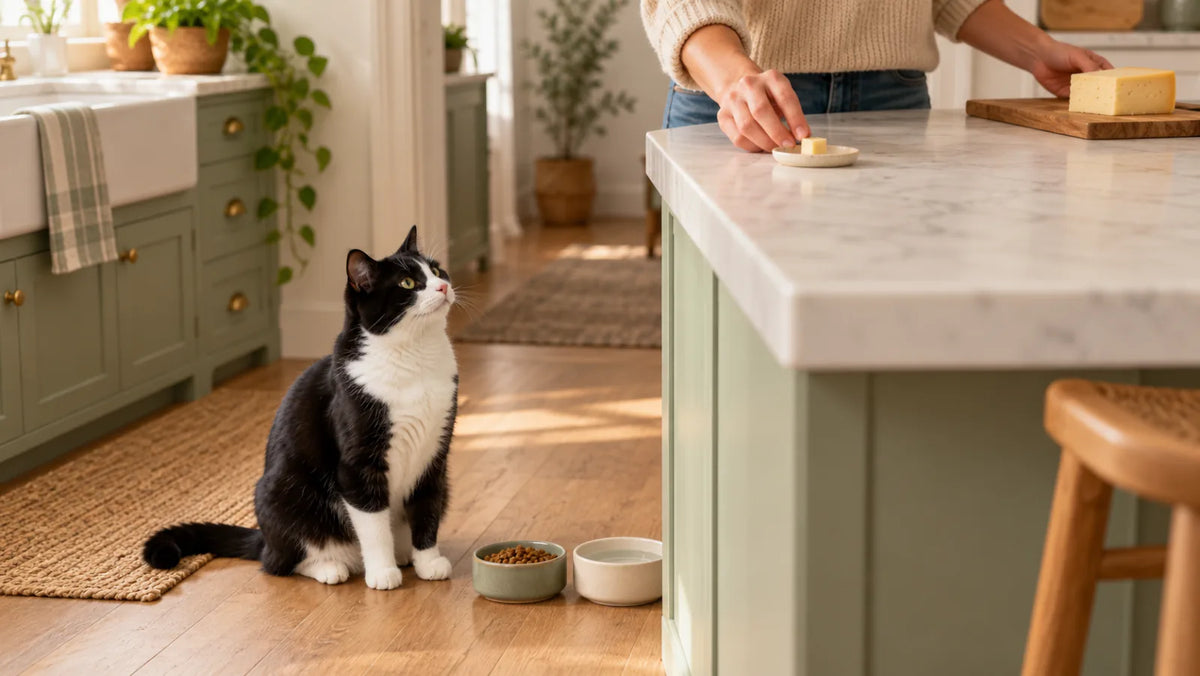 Tuxedo cat waiting below a counter with one pea-sized plain cheese bite beside complete cat food and water