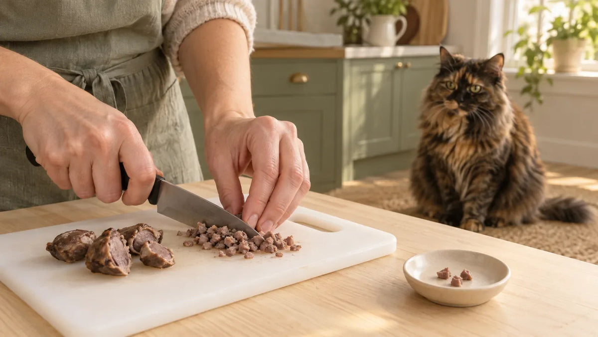 Tortoiseshell cat watching plain cooked chicken gizzard being finely chopped
