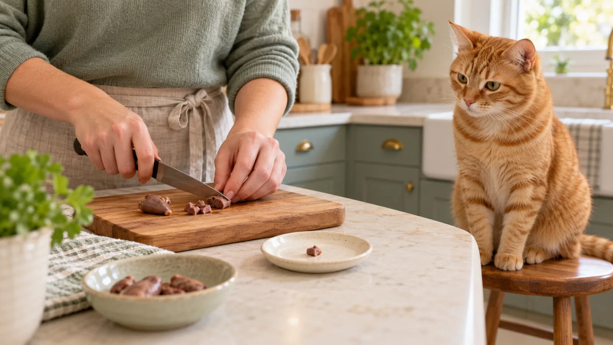 Orange tabby watching while one plain cooked chicken heart is cut into tiny pieces on a clean board