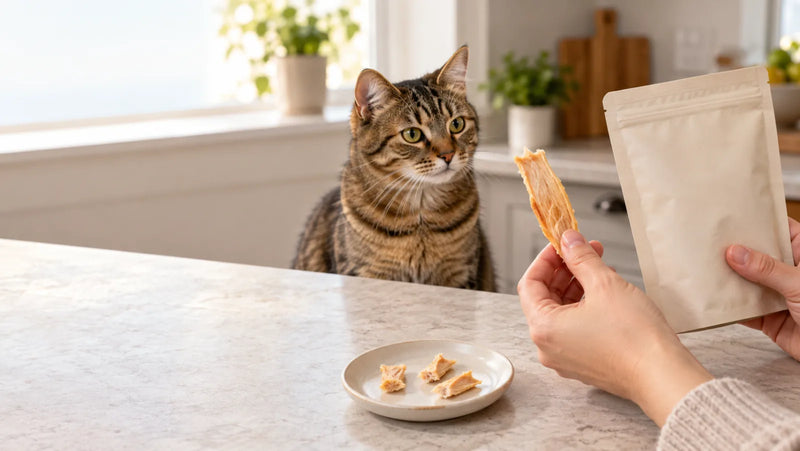 Cat owner checking a plain chicken jerky label before offering a tiny piece