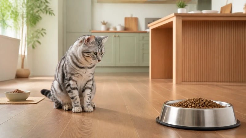Domestic shorthair cat looking toward a dog's food bowl while its own bowl sits separately