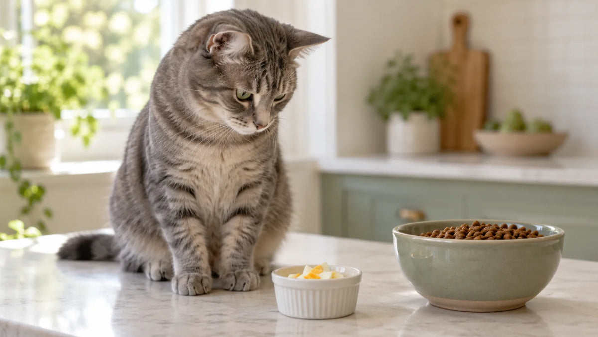 Gray tabby cat waiting beside a tiny portion of fully cooked egg and complete cat food