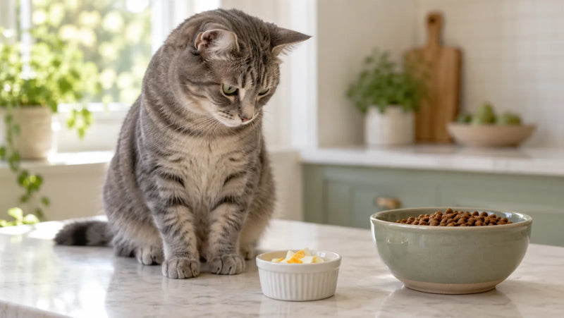 Gray tabby cat waiting beside a tiny portion of fully cooked egg and complete cat food