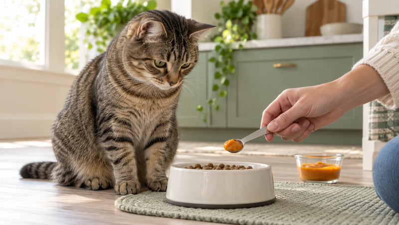 Adult cat beside its meal while a quarter teaspoon of plain pumpkin puree is measured
